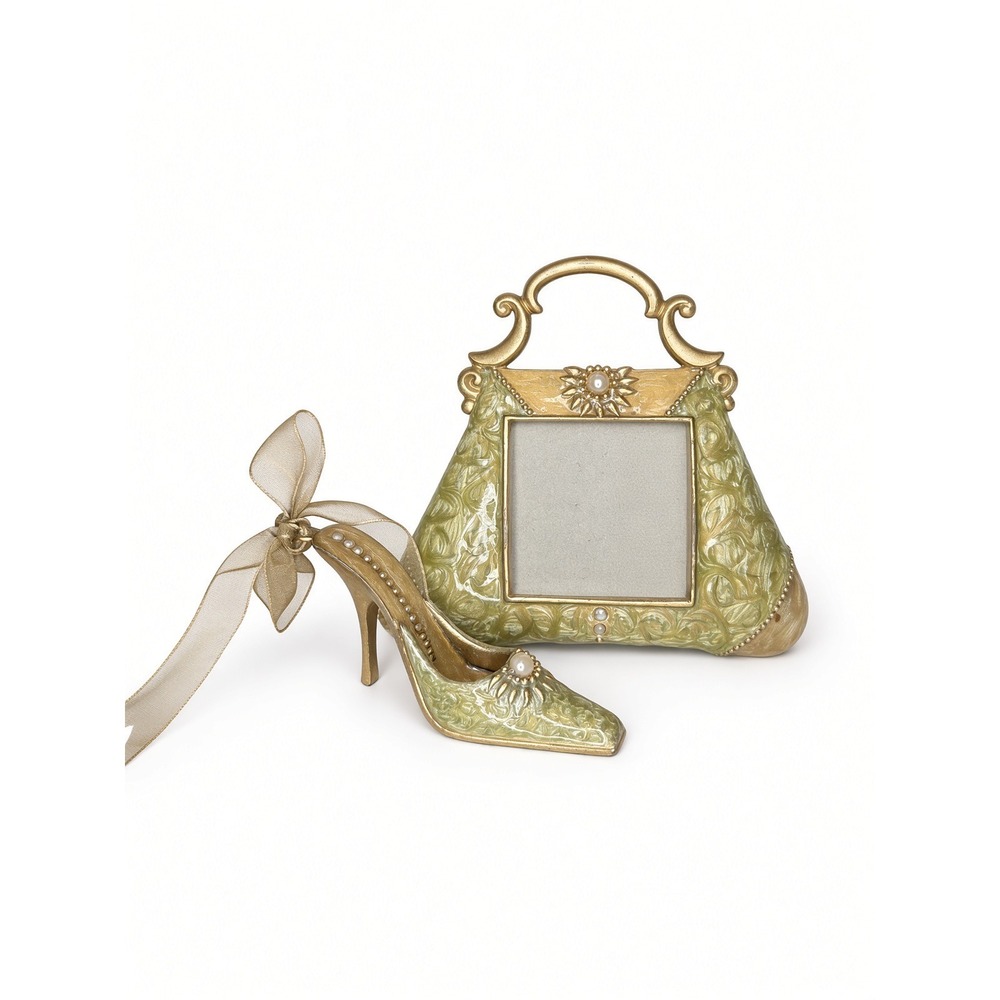 Vintage Style Purse Picture Frame and High Heel Shoe Figurine Set Green Gold